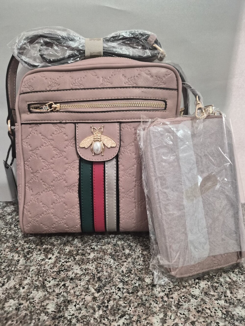 Blush Pink Bee-Accent Crossbody Bag with Stripe Detail
